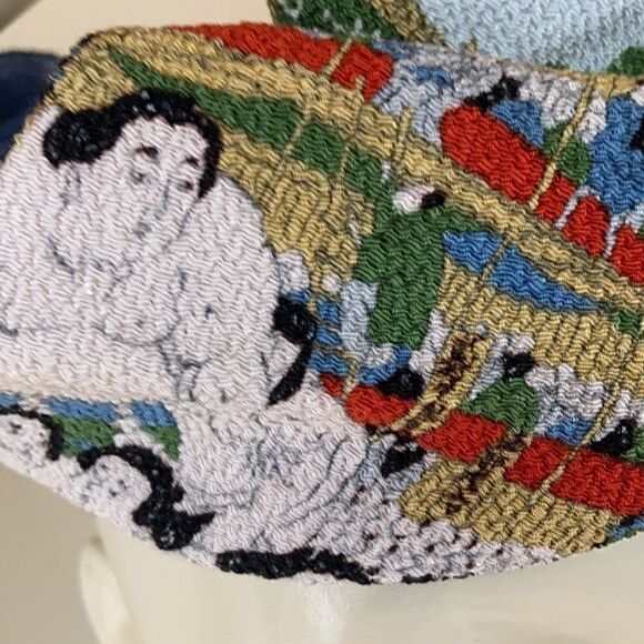 Vintage stretchy silk sumo wrestler stretch scarf kerchief large blue red cream - Picture 6 of 13